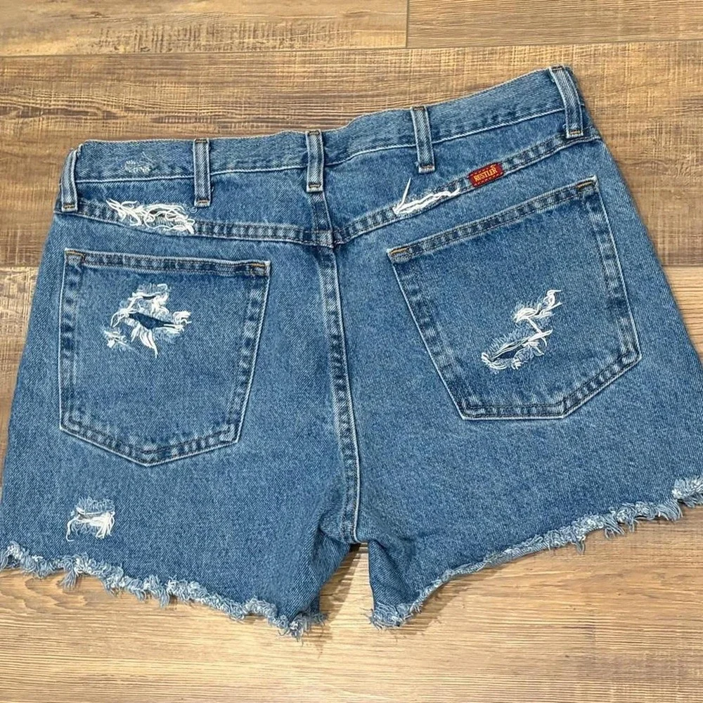 Y2K 2000s Blue Denim Shorts rustlers cut off shorts worn in look Size 34 Cotton